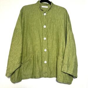Brynn Walker Green 100% Linen Lagenlook Danuta Button Up Jacket/top, size Medium